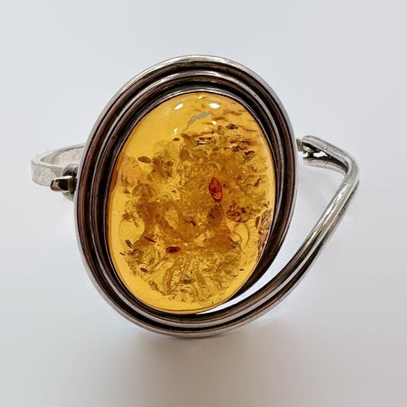 Amber Bracelet, Honey Amber, Sterling Silver, Hinged Bangle, Vintage Bracelet - Picture 3 of 6